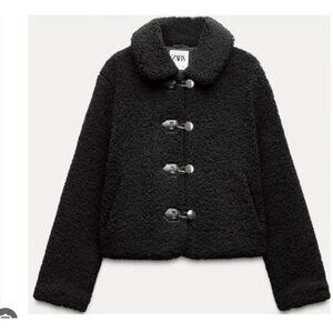 Zara Womens Short Shearling Jacket Coat Toggle Black L Large 8372/250 NWT